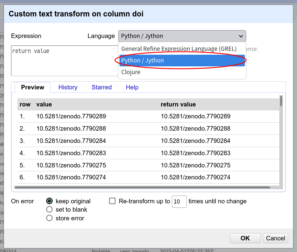 Screenshot of OpenRefine showing an expression dialog with “Python/Jython” selected as the language